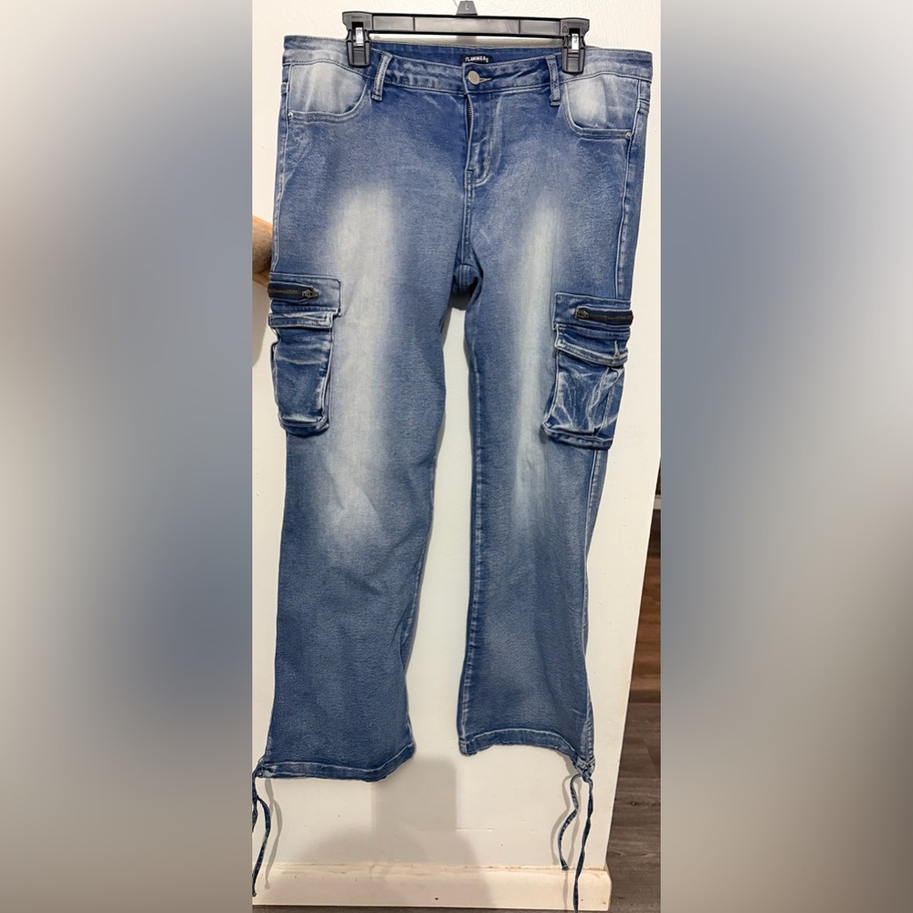 Flamingas Blue Flare & Wide Leg Cargo Jeans Y2K Baggy